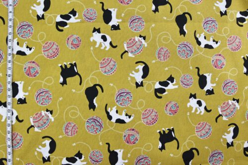 Kawaii Neko Temari fabric yellow background