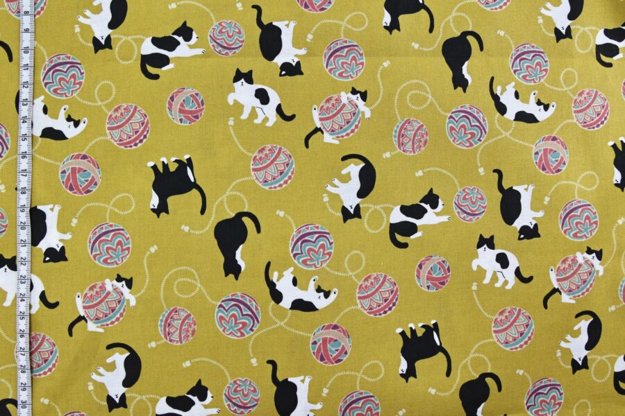 Kawaii Neko Temari fabric yellow background