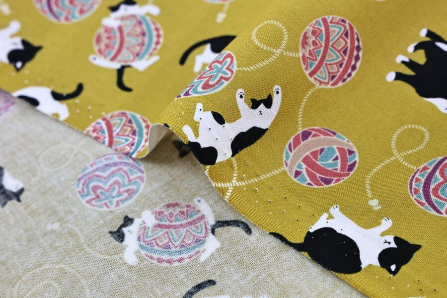 Kawaii Neko Temari fabric yellow background