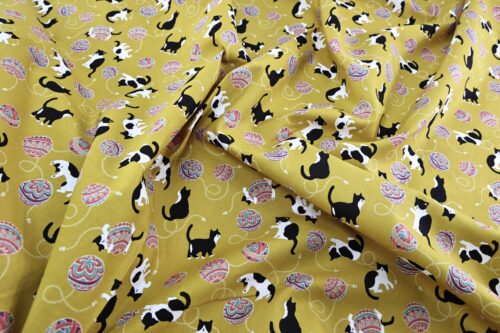 Kawaii Neko Temari fabric yellow background