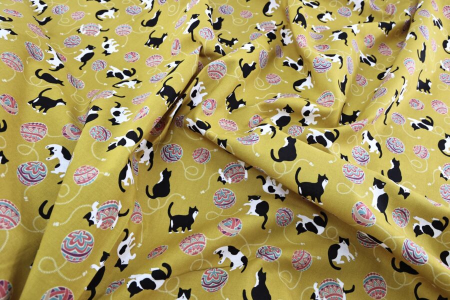 Kawaii Neko Temari fabric yellow background