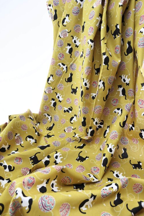 Kawaii Neko Temari fabric yellow background