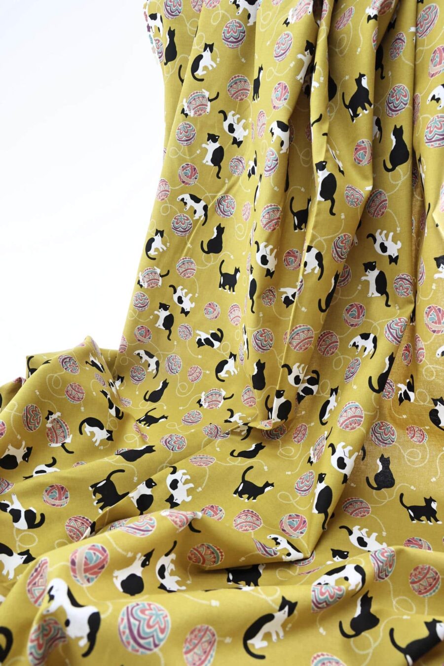 Kawaii Neko Temari fabric yellow background