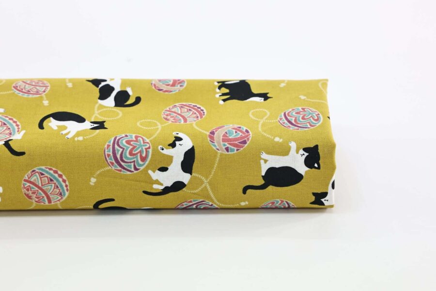 Kawaii Neko Temari fabric yellow background