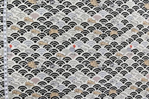 Kawaii Neko and seigaiha fabric black grey