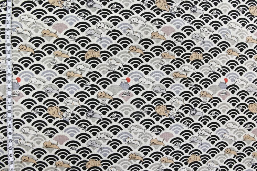 Kawaii Neko and seigaiha fabric black grey