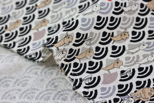Kawaii Neko and seigaiha fabric black grey