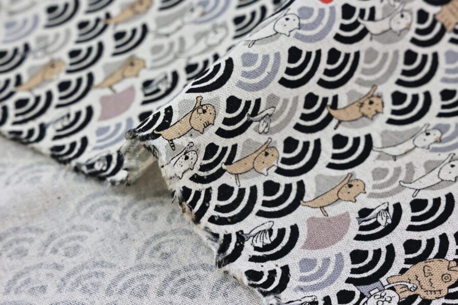 Kawaii Neko and seigaiha fabric black grey