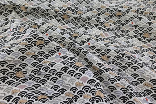 Kawaii Neko and seigaiha fabric black grey