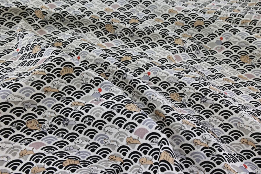 Kawaii Neko and seigaiha fabric black grey