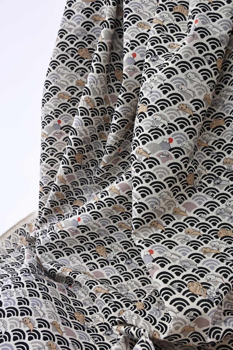 Kawaii Neko and seigaiha fabric black grey