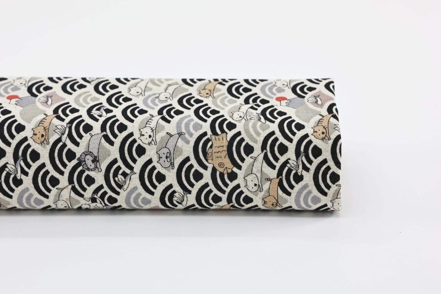 Kawaii Neko and seigaiha fabric black grey