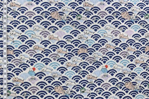 Kawaii Neko and seigaiha fabric navy blue