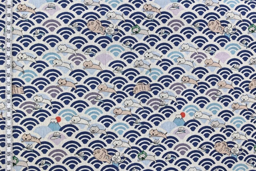 Kawaii Neko and seigaiha fabric navy blue