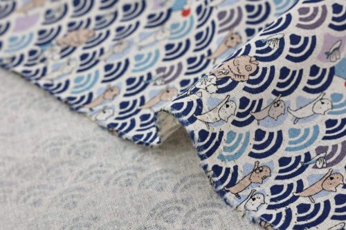 Kawaii Neko and seigaiha fabric navy blue