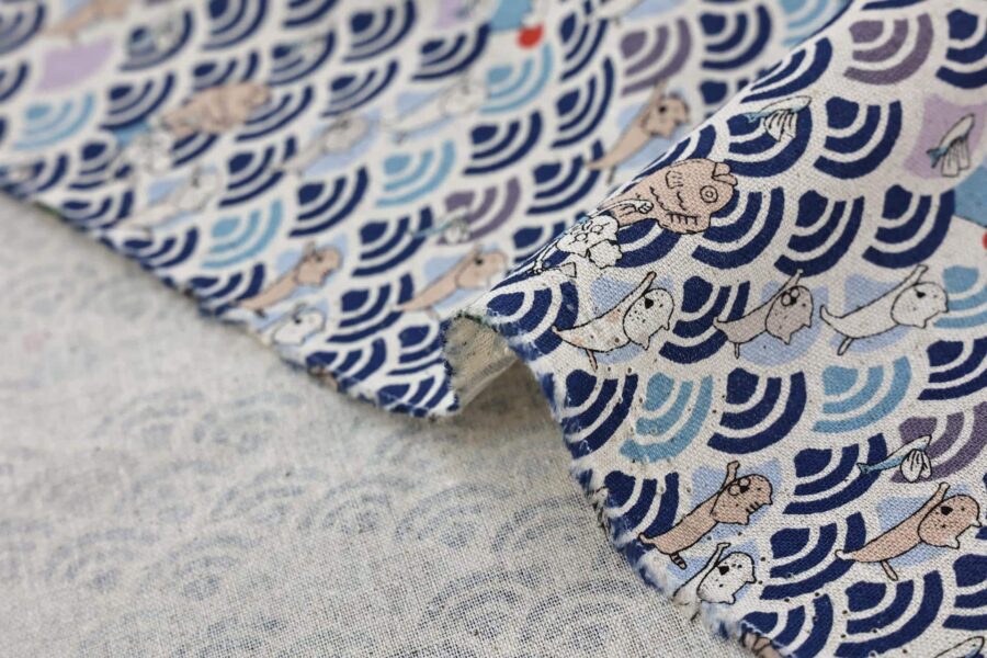 Kawaii Neko and seigaiha fabric navy blue