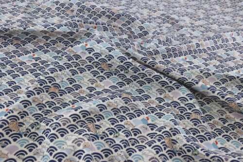 Kawaii Neko and seigaiha fabric navy blue