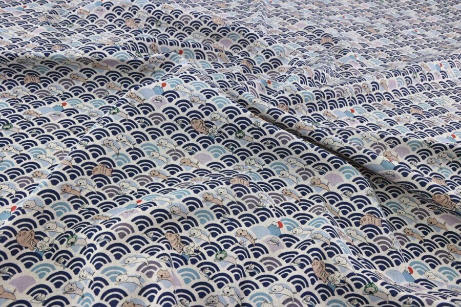 Kawaii Neko and seigaiha fabric navy blue