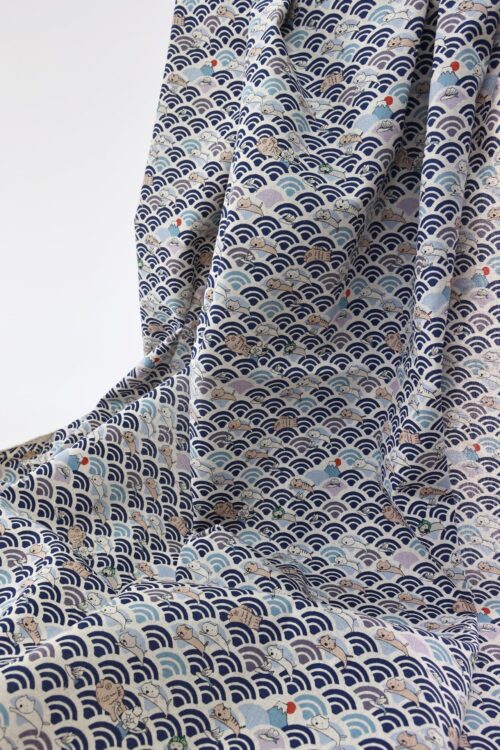Kawaii Neko and seigaiha fabric navy blue