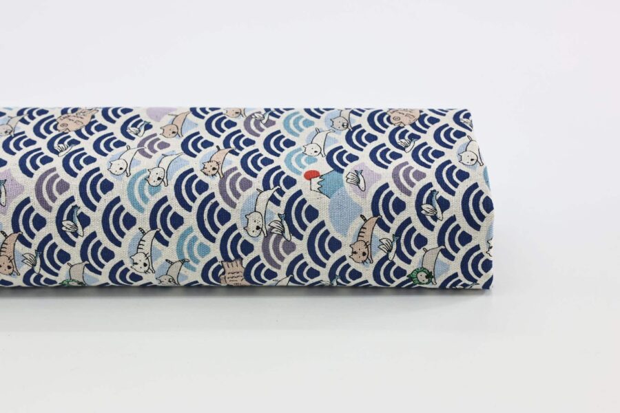 Kawaii Neko and seigaiha fabric navy blue