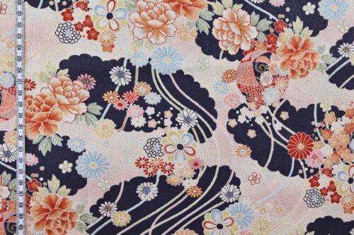 Japanese crinkled fabric black and pink peonies