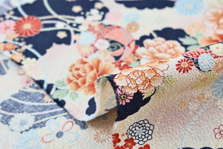 Japanese crinkled fabric black and pink peonies