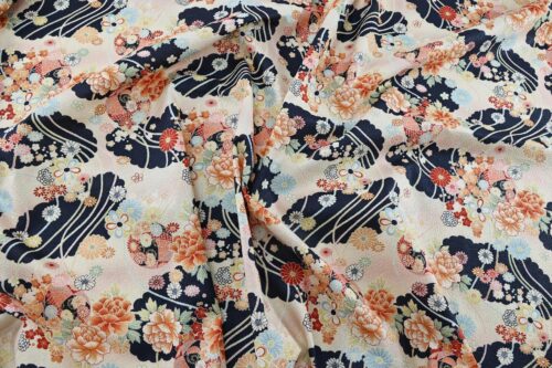 Japanese crinkled fabric black and pink peonies