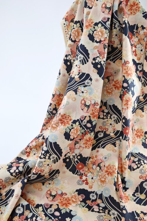Japanese crinkled fabric black and pink peonies