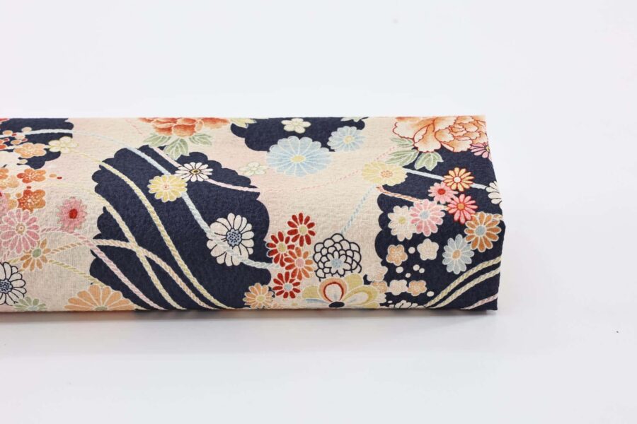 Japanese crinkled fabric black and pink peonies