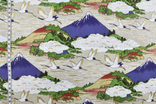 Japanese fabric Mount Fuji and cranes on beige