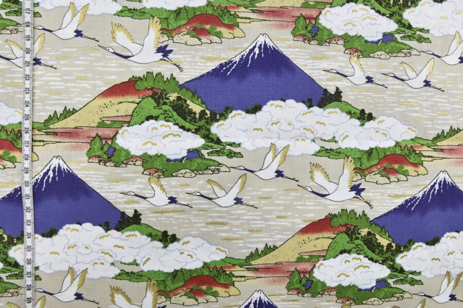 Japanese fabric Mount Fuji and cranes on beige