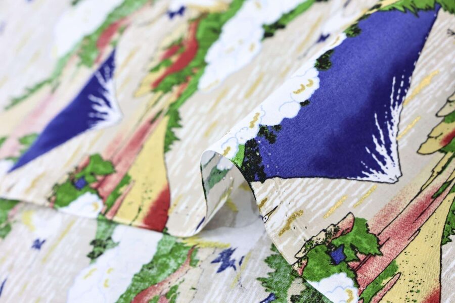 Japanese fabric Mount Fuji and cranes on beige