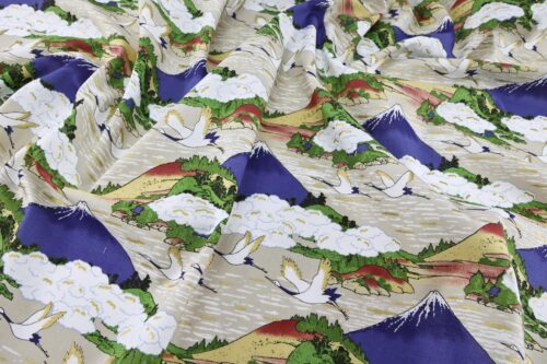 Japanese fabric Mount Fuji and cranes on beige