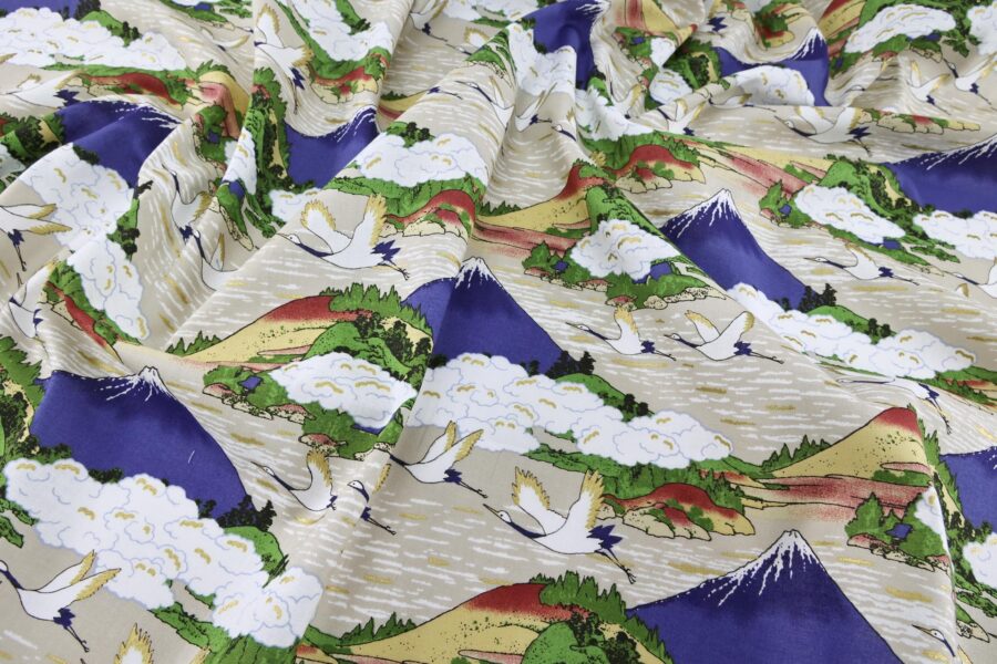 Japanese fabric Mount Fuji and cranes on beige