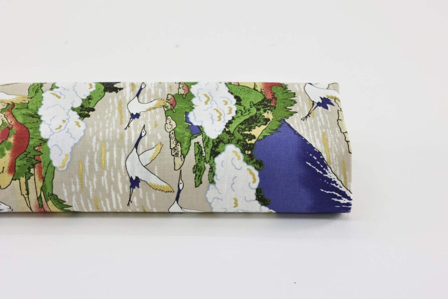 Japanese fabric Mount Fuji and cranes on beige