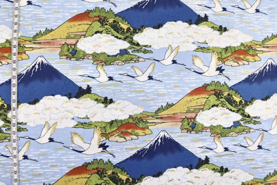 Japanese fabric Mount Fuji and cranes on light blue