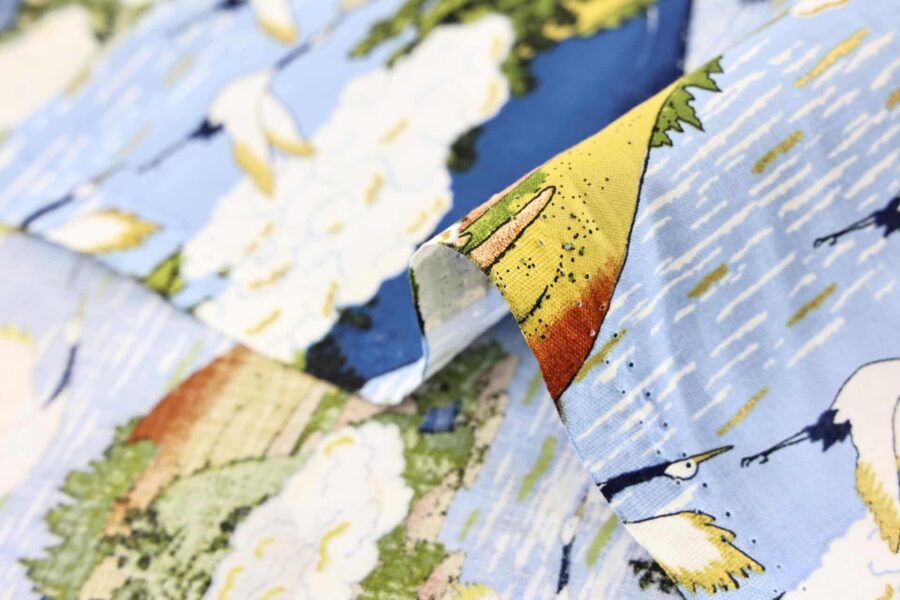 Japanese fabric Mount Fuji and cranes on light blue