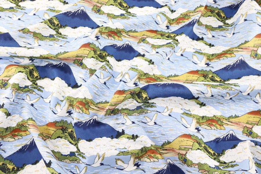 Japanese fabric Mount Fuji and cranes on light blue