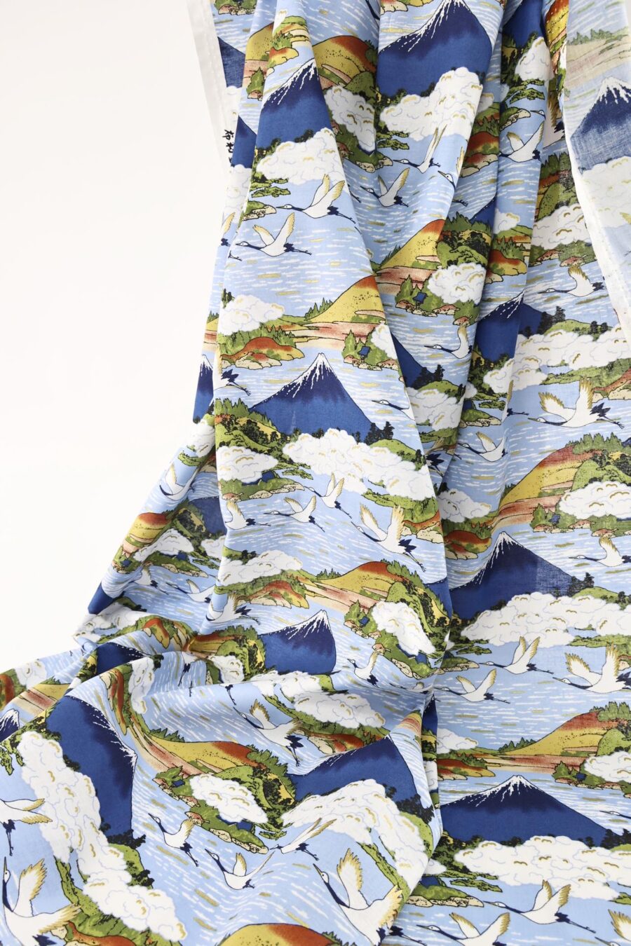Japanese fabric Mount Fuji and cranes on light blue