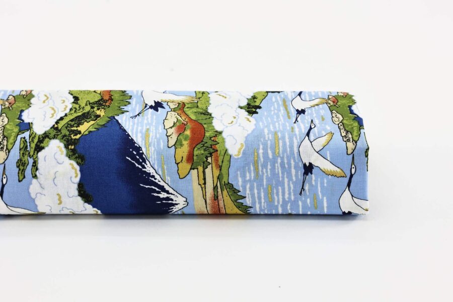 Japanese fabric Mount Fuji and cranes on light blue