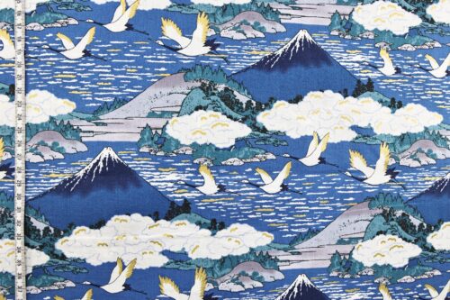 Japanese fabric Mount Fuji and cranes on navy blue