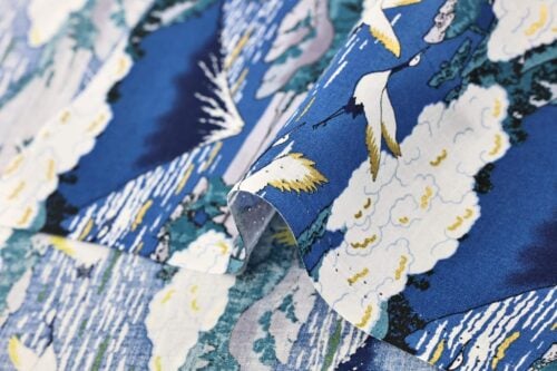 Japanese fabric Mount Fuji and cranes on navy blue