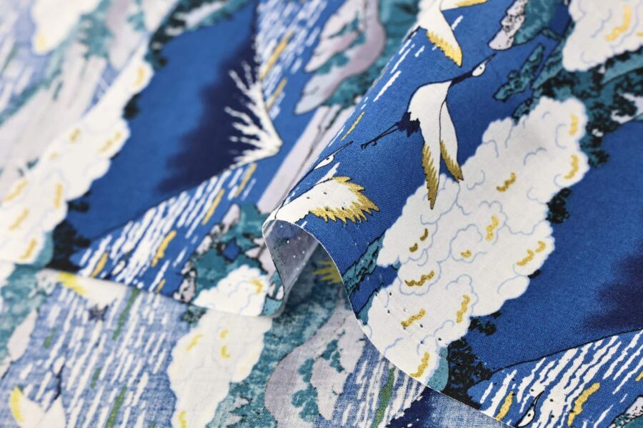 Japanese fabric Mount Fuji and cranes on navy blue