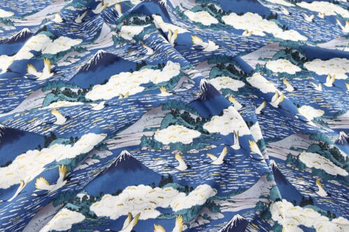 Japanese fabric Mount Fuji and cranes on navy blue