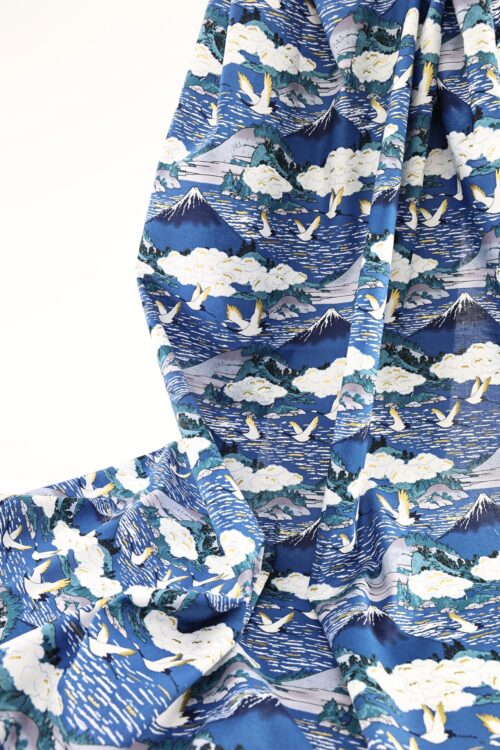 Japanese fabric Mount Fuji and cranes on navy blue