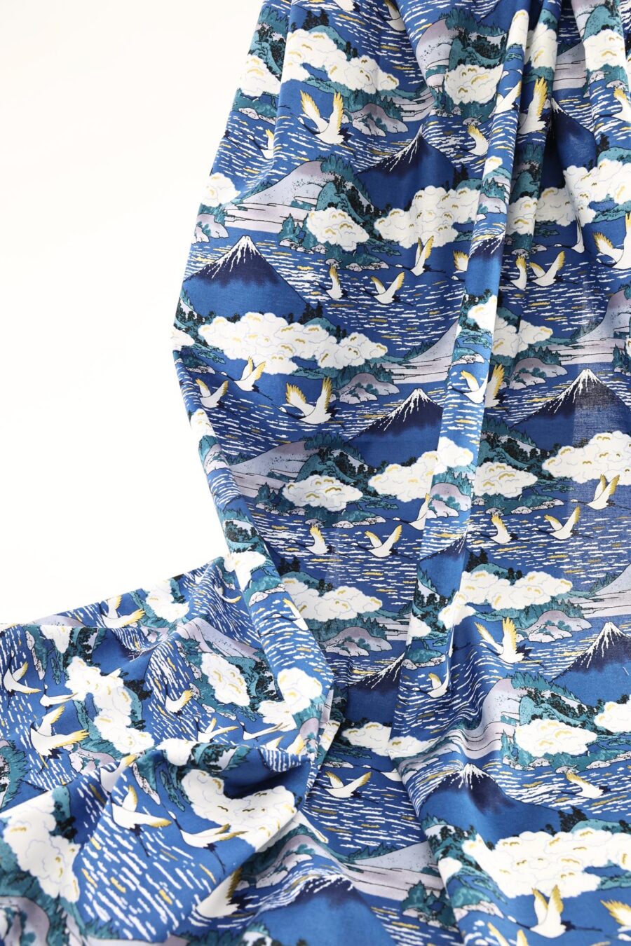 Japanese fabric Mount Fuji and cranes on navy blue