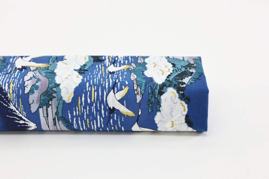 Japanese fabric Mount Fuji and cranes on navy blue