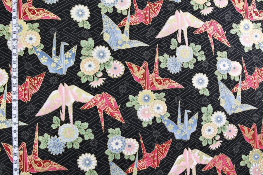 Japanese fabric origami cranes Sayagata black Background