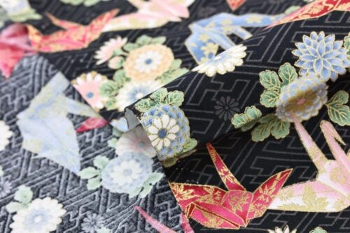 Japanese fabric origami cranes Sayagata black Background