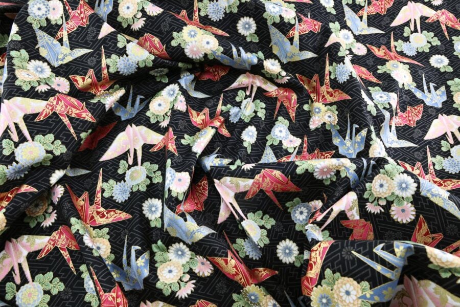Japanese fabric origami cranes Sayagata black Background